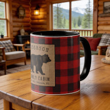 Rustic Bear Family Cabine Red Buffalo Plaid Burlap