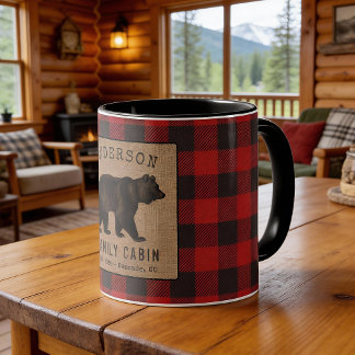 Mug Rustic Bear Family Cabine Red Buffalo Plaid Burlap