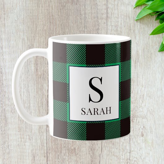 Mug Rustic Buffalo Green & Black Plaid Monogram Name