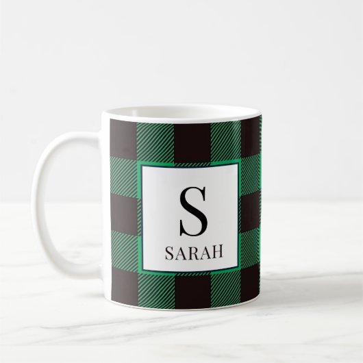 Mug Rustic Buffalo Green & Black Plaid Monogram Name (Gauche)