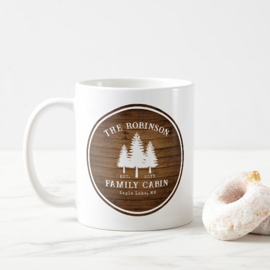 Mug Rustic Country Famille Cabines Arbres Bois Planche (Avec donut)