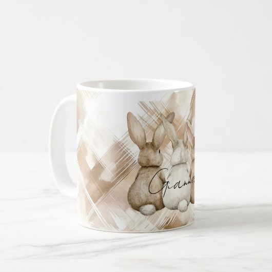 Mug Rustic Cream Brown Stripes Three Bunny Rabbits (Devant gauche)