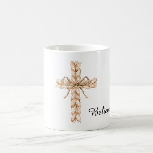 Mug Rustic Cream Cross with Bow Believe (Centre)