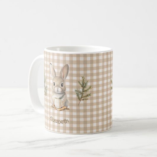 Mug Rustic Cute Rabbit Brown Gingham Personalized (Devant gauche)