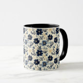 Mug Rustic Dark Blue Beige Flower Folk Art Print (Devant droit)