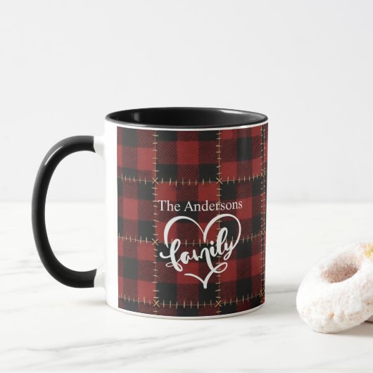 Mug Rustic Farmhouse Red Buffalo Plaid Family Name  (Avec donut)