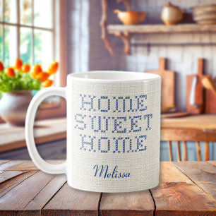 Mug Rustic Faux Cross-Stitch Accueil Doux Maison Bleu