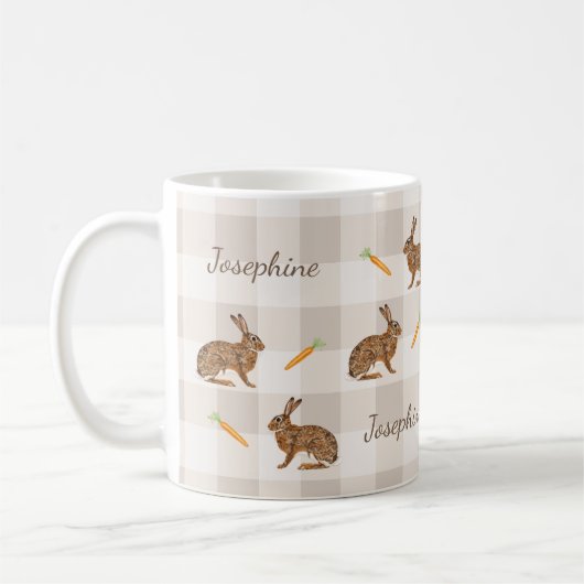Mug Rustic Hare And Carrots With Name Beige Gingham (Gauche)
