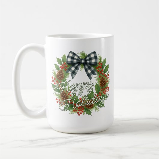 Mug Rustic Holly Wreath White Black Checkered Bow (Gauche)