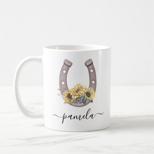 Mug Rustic Sunflower Lucky Horseshoe Nom personnalisé (Gauche)