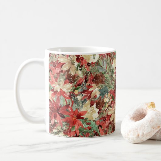 Mug Rustique Elégant vacances Poinsettia Noël Floral (Avec donut)