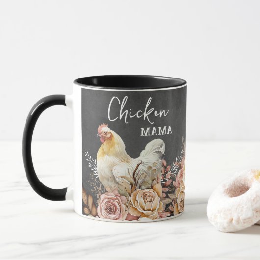 Mug Rustique Floral Aquarelle Poulet Mama (Avec donut)