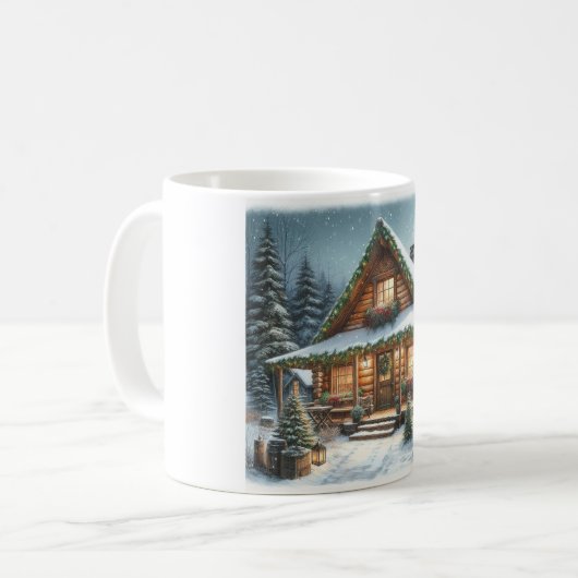 Mug Rustique hiver/Noël cabine enneigé (Devant gauche)