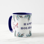 Mug Rustique moderne Happy Holidays pinèdes et oiseaux (Devant gauche)