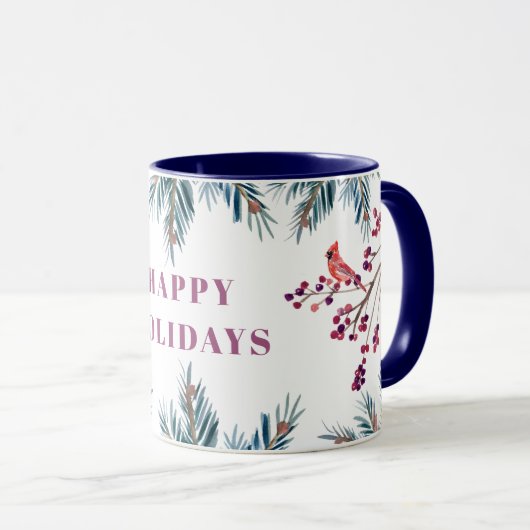 Mug Rustique moderne Happy Holidays pinèdes et oiseaux (Devant droit)