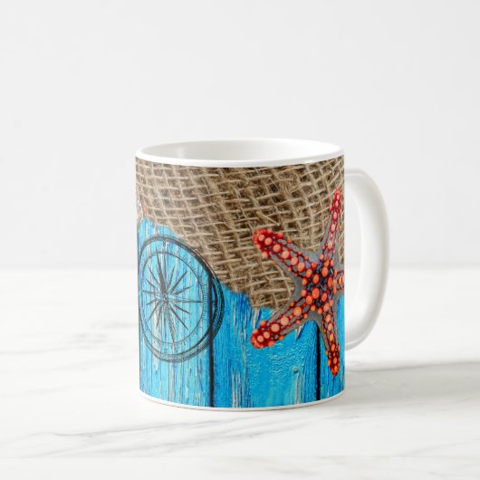 Mug Rustique Nautique Bleu Burlap Starfish (Devant droit)