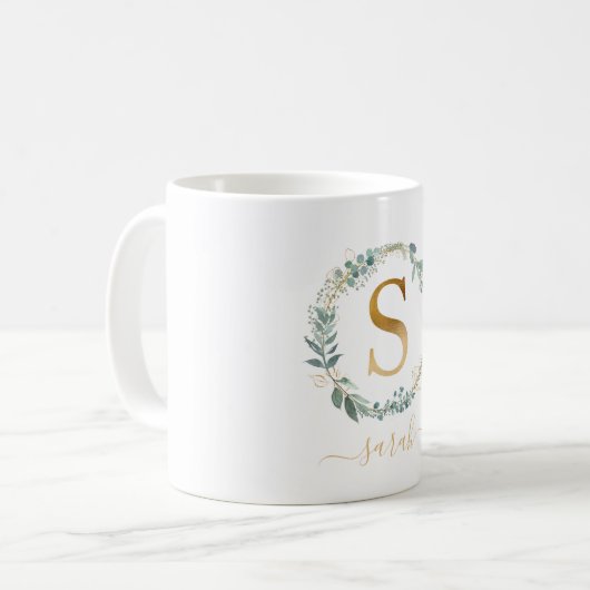 Mug S monogramme, couronne feuillue propre au client (Devant gauche)