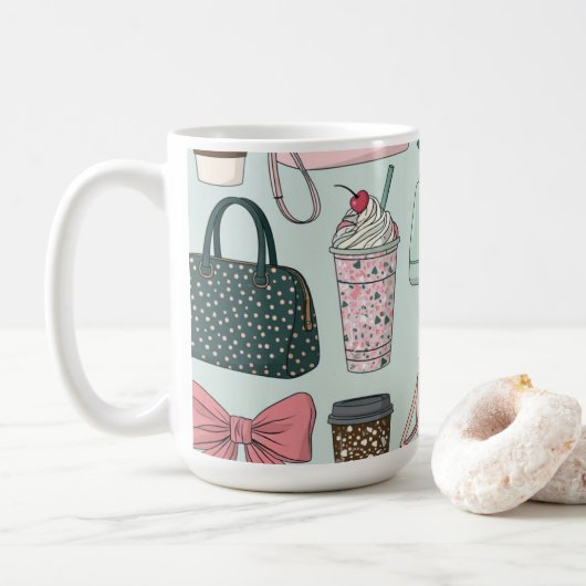 Mug Sacs à main, rubans et cafés latte (Avec donut)