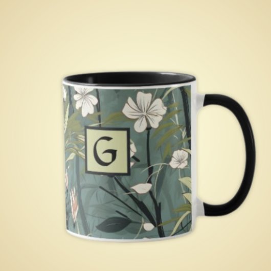 Mug Sage Green Black Floral Japanese Style Monogram 