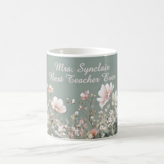 Mug Sage Green Spring Floral Teacher Elegant Script (Centre)