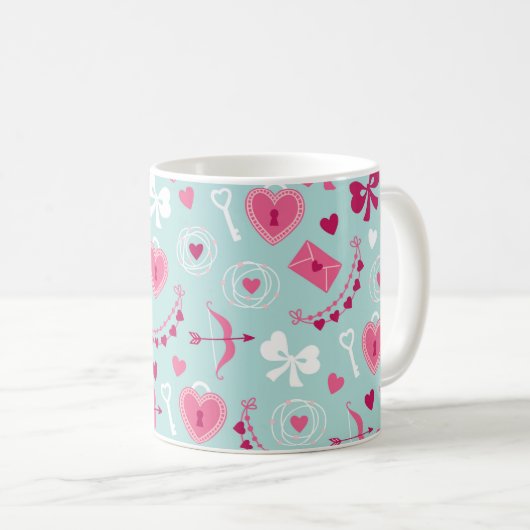 Mug Saint Valentin Amour Coeurs Flèches Bows Rose Roug (Devant droit)