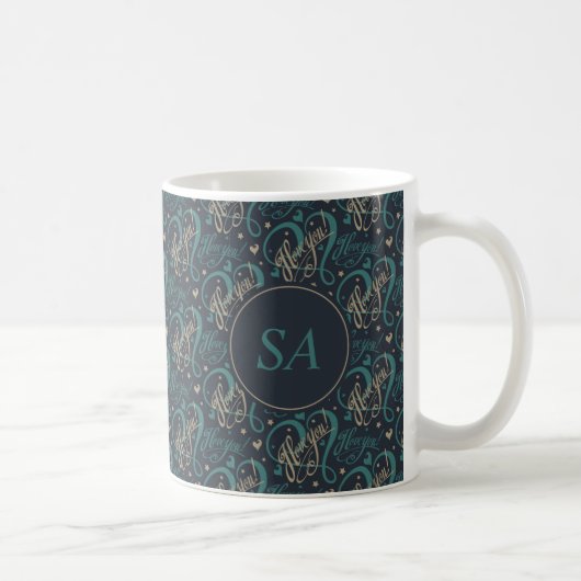 Mug Saint-Valentin Bleu Marron J'aime Typographie (Droite)