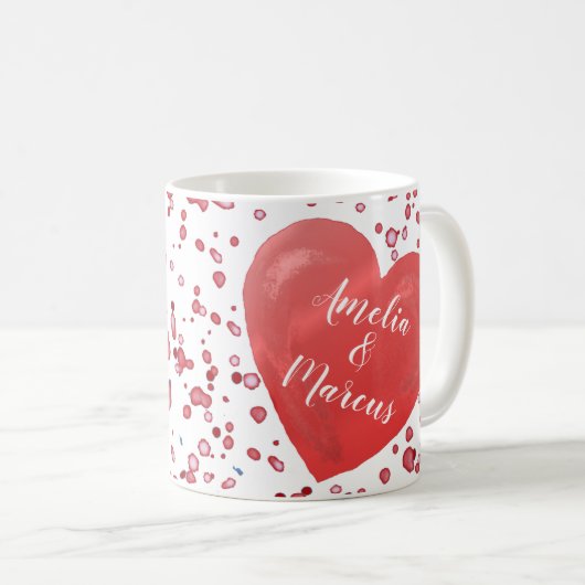 Mug Saint-Valentin, coeur rouge avec des noms (Devant droit)