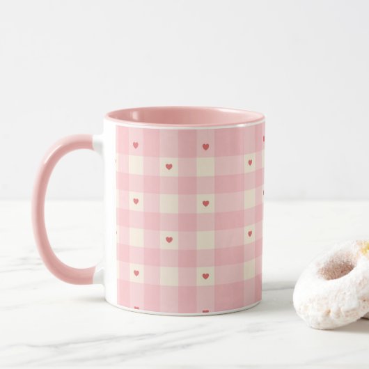 Mug Saint-Valentin Cœurs Gingham Rose (Avec donut)