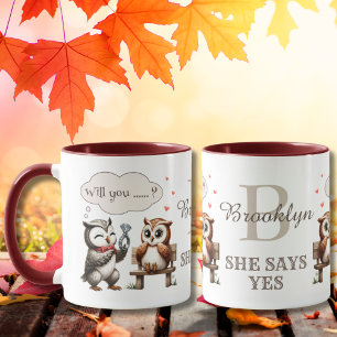 Mug Saint-Valentin Couple d'hiboux mignons Proposition