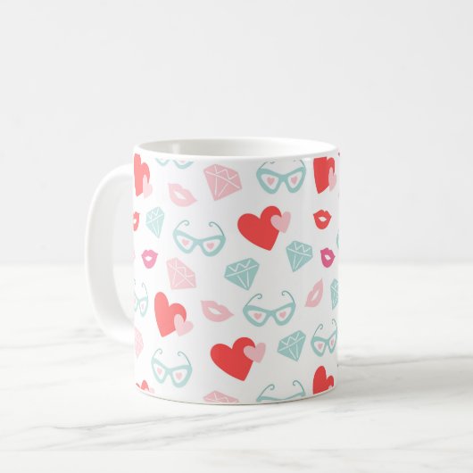 Mug Saint Valentin Diamants Coeurs Baisers Rose (Devant gauche)
