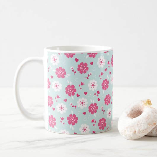 Mug Saint Valentin Fleurs Coeurs rose (Avec donut)