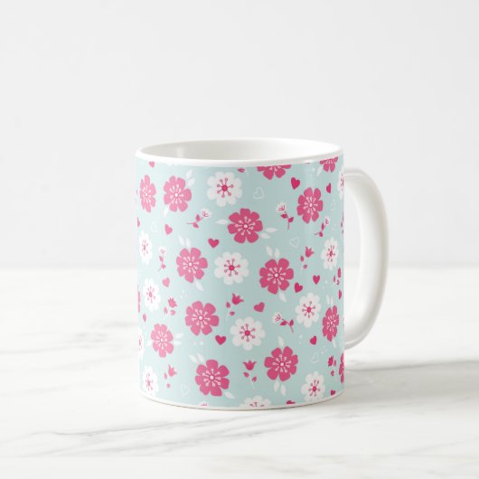 Mug Saint Valentin Fleurs Coeurs rose (Devant droit)