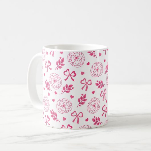 Mug Saint Valentin Fleurs Ruban Coeurs rose (Devant gauche)