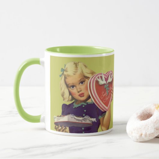 Mug Saint-Valentin mignon vintage, Fille avec Chocolat (Avec donut)