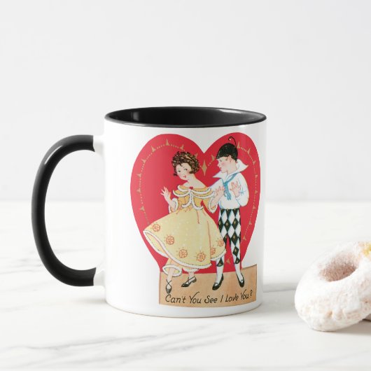 Mug Saint-Valentin rétro, Arlequin vintage et cœur (Avec donut)