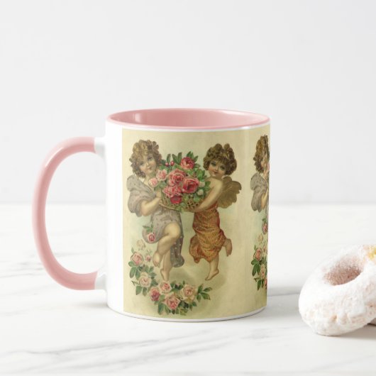 Mug Saint-Valentin victorien vintage, Anges Roses (Avec donut)