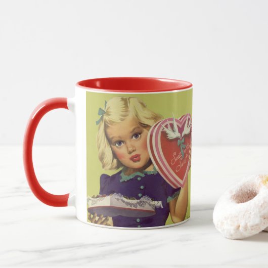 Mug Saint-Valentin vintage mignon, Fille avec Chocolat (Avec donut)