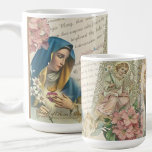 Mug Sainte Vierge Marie Vintage catholique Rosaire mar<br><div class="desc">Cette Mug à café Virgin Mary, magnifiquement conçue, présente une image époustouflante de la Bienheureuse Vierge Marie tenant son Coeur Immaculé, entourée de doux accents floraux. A l'inverse, un ange gracieux est représenté dans un style vintage, en priant. Cette tasse est parfaite pour commencer la journée avec un rappel de...</div>