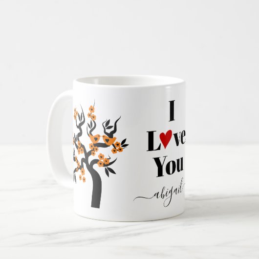 Mug Sakura cerisier Inséparable orange et fleurs (Devant gauche)