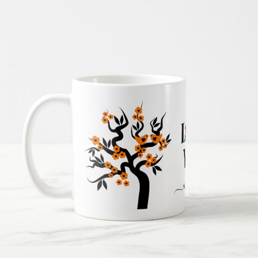 Mug Sakura cerisier Inséparable orange et fleurs (Gauche)