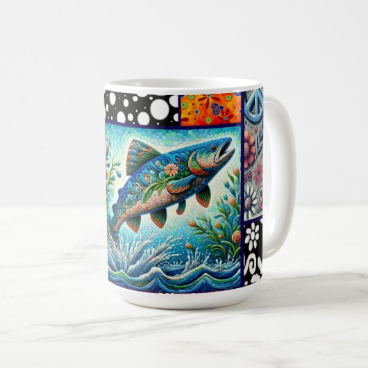 Mug Salmon Crazy Quilt Floral Whimsical Colorful (Devant droit)
