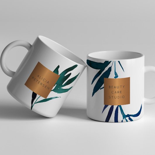 Mug Salon de beauté nom glam cuivre aquarelle feuillag