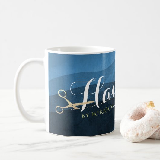 Mug Salon des cheveux Coiffeuse Ciseaux bleu et or mod (Avec donut)