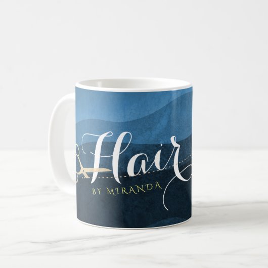 Mug Salon des cheveux Coiffeuse Ciseaux bleu et or mod (Devant gauche)