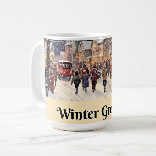 Mug Salut d'hiver, rue de ville enneigée, (Devant gauche)