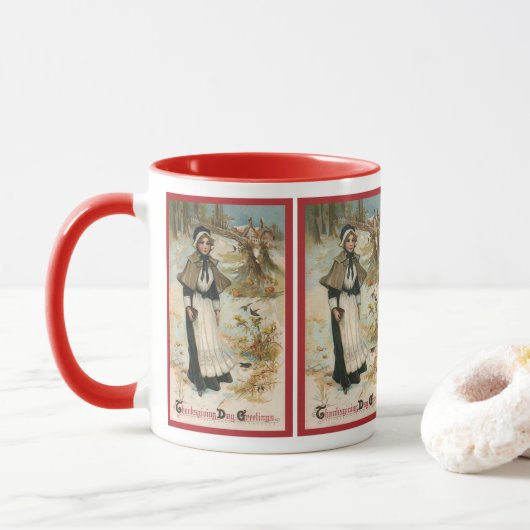 Mug Salutations de Thanksgiving avec une femme pèlerin (Avec donut)