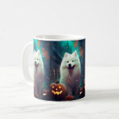 Mug Samoyède Halloween avec citrouilles effrayantes (Devant gauche)
