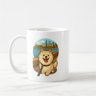 Mug Samoyède heureux se promène au bord de l'eau en vi
