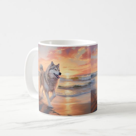 Mug Sandy Paws Alaskan Malamute Chien sur le coucher d (Devant gauche)