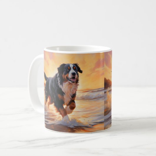 Mug Sandy Paws Bernese Mountain Dog on Beach Sunset (Devant gauche)